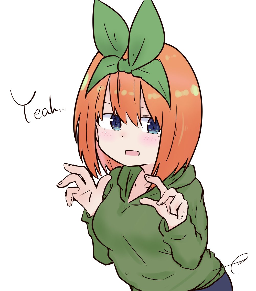 1girl :d bangs blue_eyes blush commentary_request eyebrows_behind_hair go-toubun_no_hanayome green_hoodie green_ribbon hair_between_eyes hair_ribbon hood hood_down hoodie kujou_karasuma looking_at_viewer nakano_yotsuba open_mouth orange_hair ribbon sidelocks signature simple_background smile solo upper_body white_background