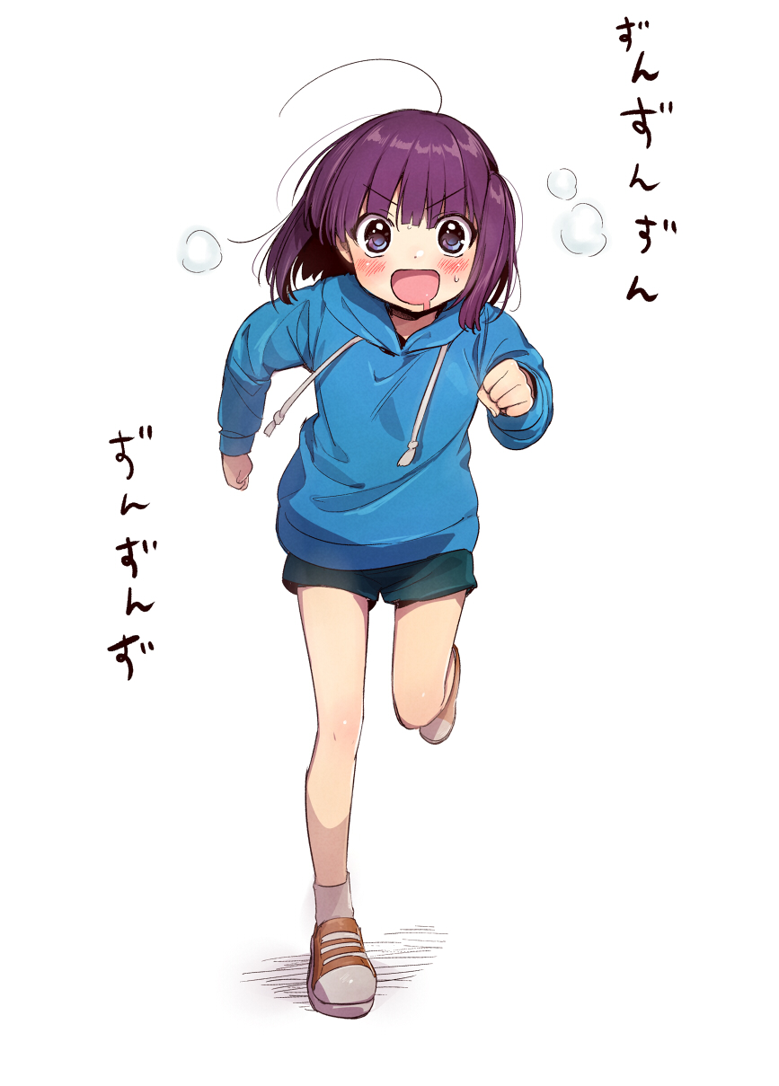 1girl bangs blunt_bangs blush highres hood hoodie kawai_makoto koufuku_graffiti morino_kirin mouth_drool orange_footwear purple_hair running shoes short_hair shorts sneakers socks solo sweat v-shaped_eyebrows violet_eyes white_background white_legwear