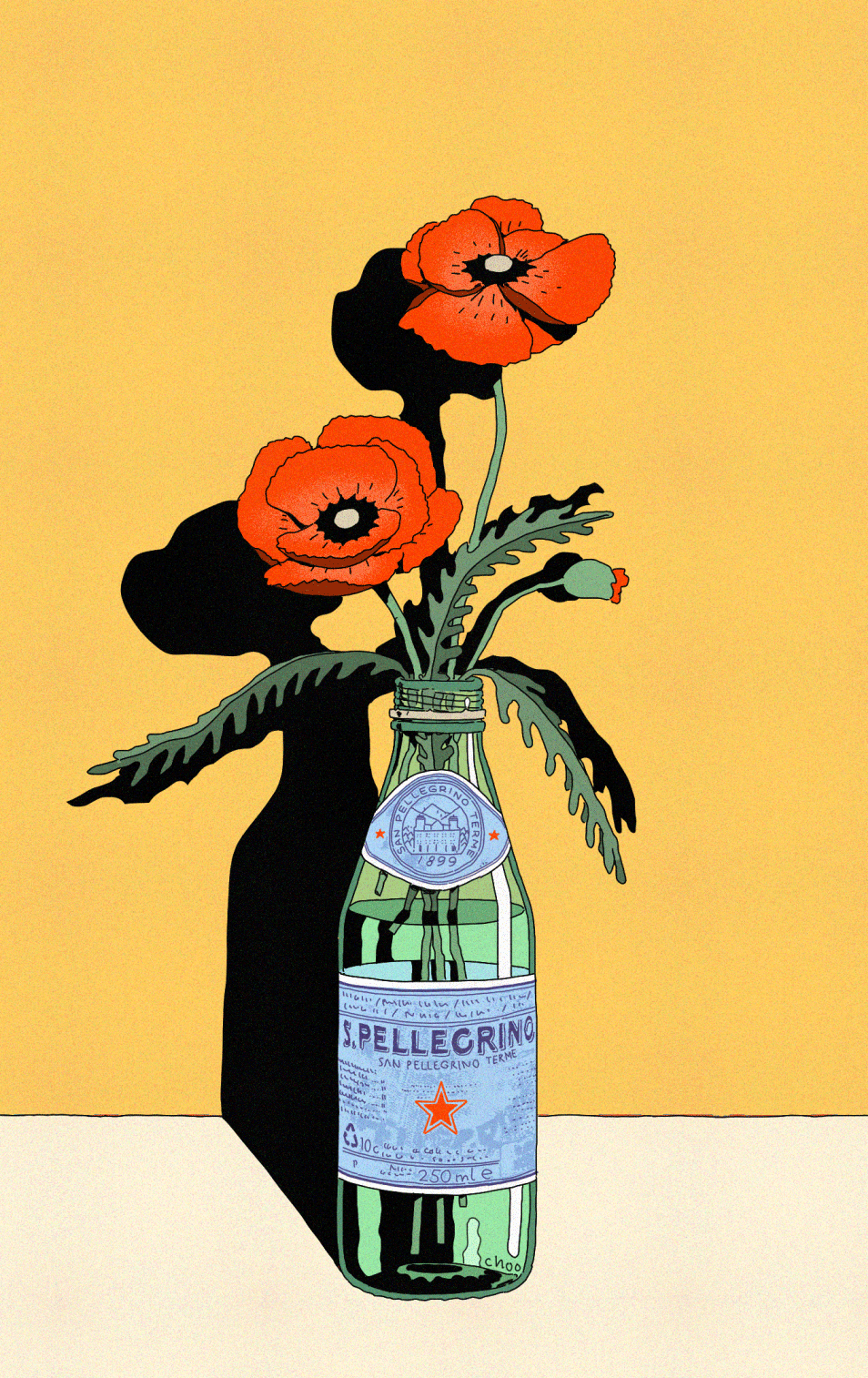 artist_name bottle choo flower highres in_bottle in_container leaf no_humans original partially_immersed plant red_flower s.pellegrino shadow
