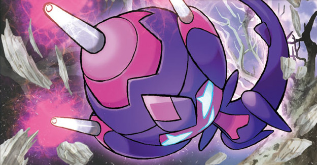 ariga_hitoshi bare_tree blank_eyes creature floating full_body gen_7_pokemon horns no_humans official_art poipole pokemon pokemon_(creature) pokemon_trading_card_game smile solo tree