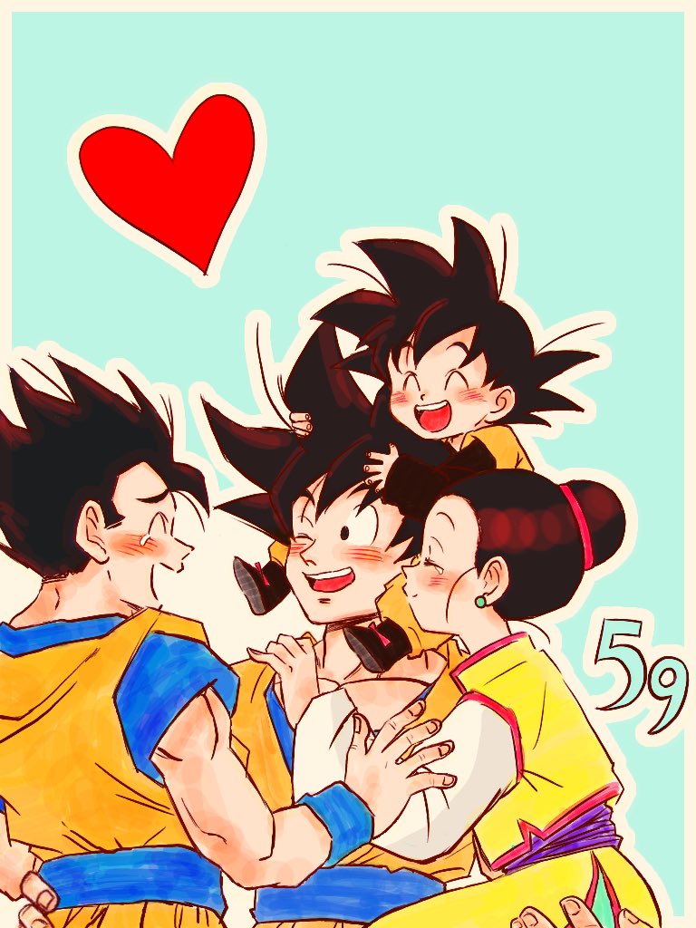 1girl 3boys ;d ^_^ aqua_background black_hair blush border brothers carrying chi-chi_(dragon_ball) china_dress chinese_clothes closed_eyes dougi dragon_ball dragon_ball_z dress earrings family father_and_son fingernails hair_bun hand_on_another's_shoulder hands_on_another's_head happy happy_tears heart jewelry looking_at_another mother_and_son multiple_boys number one_eye_closed open_mouth outline pectorals profile shoulder_carry siblings simple_background smile son_gohan son_gokuu son_goten sora_(happygreencandy) tears teeth upper_body white_border white_outline yellow_dress