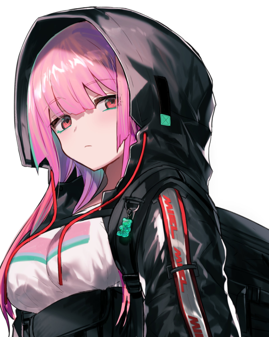 1girl backpack bag bangs black_jacket breasts closed_mouth commentary_request drawstring eyebrows_visible_through_hair hair_between_eyes hayama_eishi hood hood_up hooded_jacket jacket long_hair looking_at_viewer medium_breasts original pink_hair red_eyes simple_background solo upper_body white_background