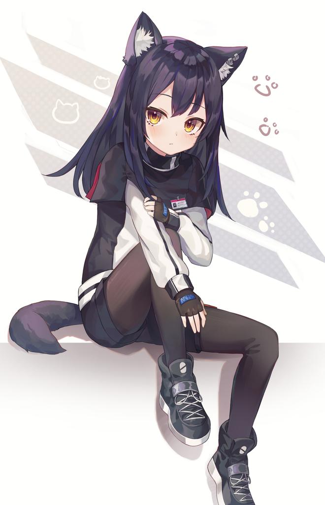 1girl animal_ear_fluff animal_ears arknights black_capelet black_gloves black_hair black_legwear black_shorts capelet earrings fingerless_gloves full_body gloves hair_between_eyes id_card jacket jewelry long_hair looking_at_viewer nam990902 pantyhose paw_print piercing shoes shorts sneakers solo tail texas_(arknights) white_jacket wolf_ears wolf_girl wolf_tail yellow_eyes