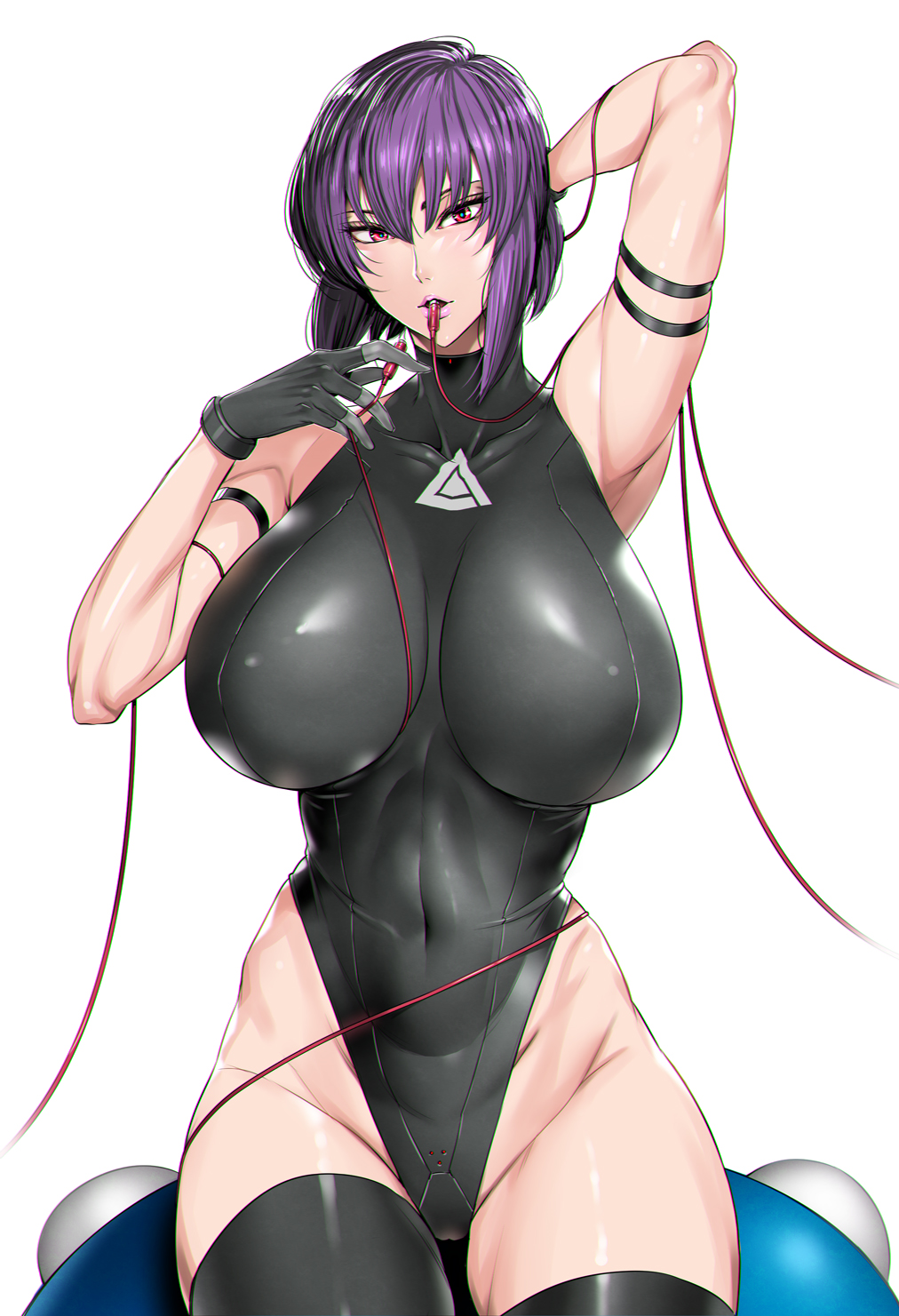 1girl arm_strap bangs black_gloves black_legwear black_leotard breasts cable covered_navel fei_(maidoll) ghost_in_the_shell gloves highleg highleg_leotard highres kusanagi_motoko large_breasts leotard looking_at_viewer mouth_hold purple_hair red_eyes short_hair simple_background solo thigh-highs white_background