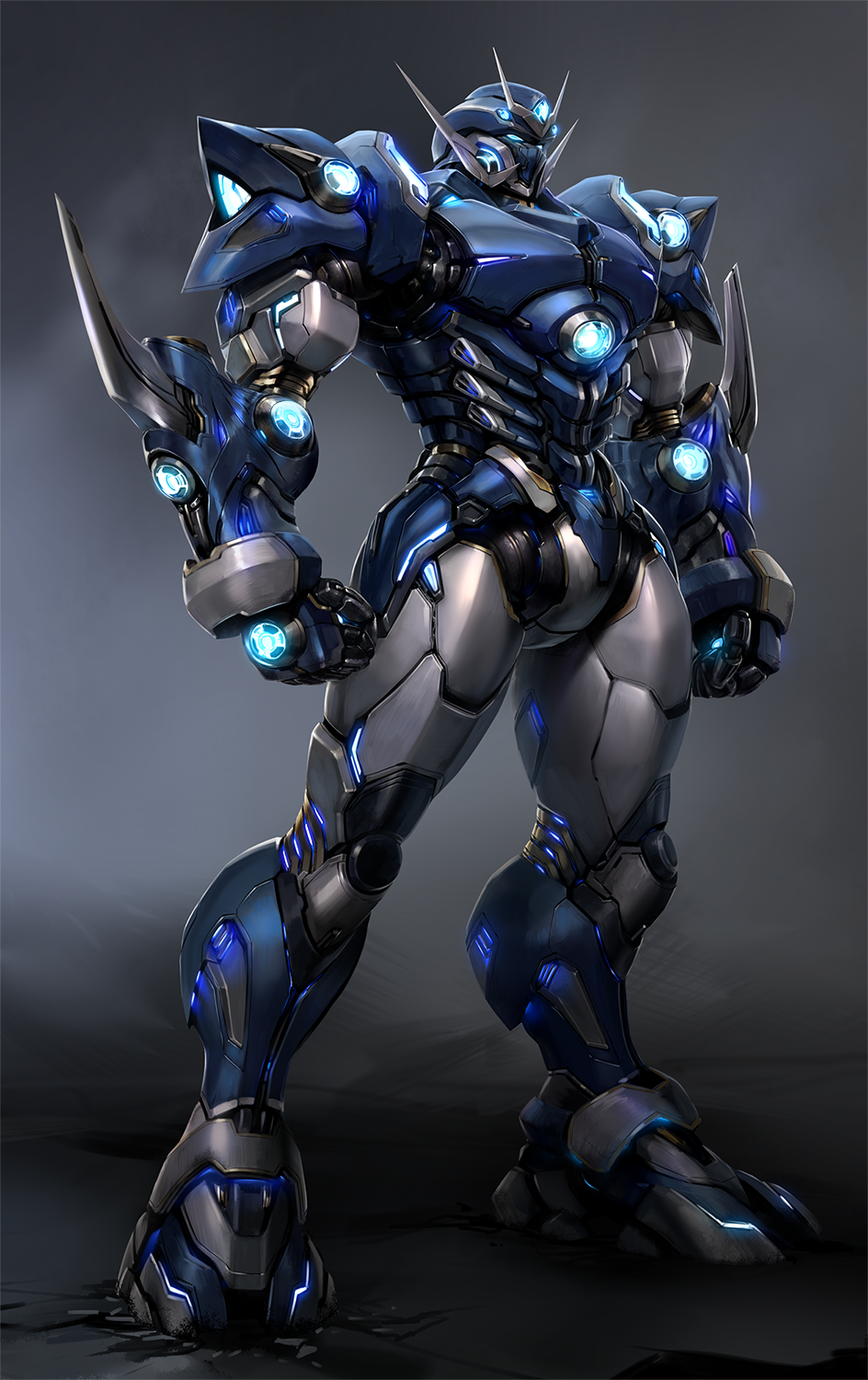 banchengping@126 clenched_hands cracked_floor elbow_blade full_body glowing grey_background highres mecha no_humans soulgain super_robot_wars super_robot_wars_original_generation