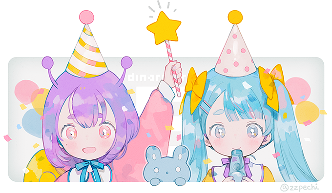 2girls antennae arm_up balloon bangs blue_eyes blue_hair blue_neckwear bow commentary_request confetti hair_bow hair_ornament hairclip hat holding holding_wand long_hair looking_at_viewer mole mole_under_eye multiple_girls neck_ribbon party_hat pechika purple_hair purple_neckwear ramune red_eyes ribbon short_hair smile snail_girl snailchan snails_house star twintails twitter_username upper_body wand yellow_bow