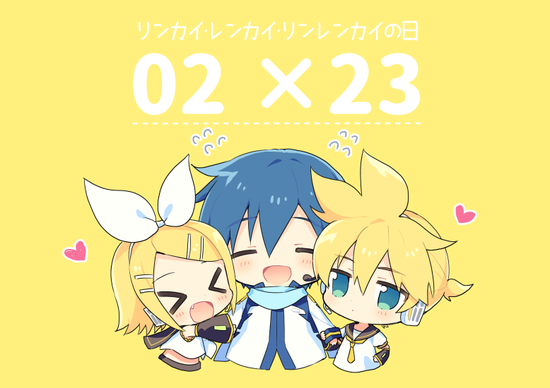 &gt;_&lt; 1girl 2boys bangs bare_shoulders black_collar black_sleeves blue_eyes blue_hair blue_scarf bow chibi closed_eyes collar commentary crop_top cropped_torso dated detached_sleeves expressionless facing_another facing_viewer fang hair_bow hair_ornament hairclip headphones headset heart holding_hands kagamine_len kagamine_rin kaito looking_at_viewer multiple_boys necktie open_mouth sailor_collar sandwiched scarf school_uniform shirt short_hair short_ponytail short_sleeves sinaooo smile spiky_hair sweatdrop swept_bangs translated upper_body vocaloid white_bow white_coat white_shirt yellow_neckwear