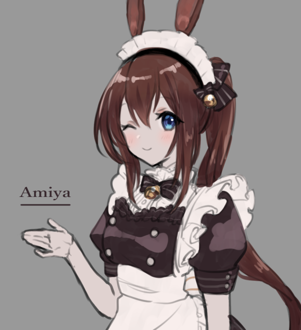 1girl ;) alternate_costume amiya_(arknights) animal_ears apron arknights bangs bell black_bow black_dress blue_eyes blush bow breasts brown_hair dress enmaided eyebrows_visible_through_hair frilled_apron frills grey_background hair_bell hair_between_eyes hair_bow hair_ornament hand_up jingle_bell long_hair maid maid_apron maid_headdress nuno_(pppompon) one_eye_closed ponytail puffy_short_sleeves puffy_sleeves rabbit_ears short_sleeves simple_background small_breasts smile solo striped striped_bow upper_body white_apron