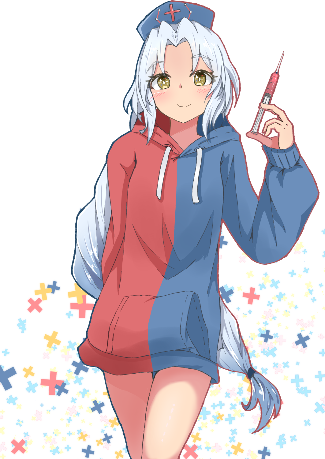 1girl alternate_costume arm_behind_back arm_up bangs blush braided_ponytail bright_pupils contrapposto cowboy_shot drawstring eyebrows_visible_through_hair forehead hat highres holding holding_syringe hood hood_down hoodie long_ponytail looking_at_viewer mizune_(winter) multicolored_hoodie nurse_cap parted_bangs silver_hair smile solo syringe touhou white_background white_pupils yagokoro_eirin yellow_eyes