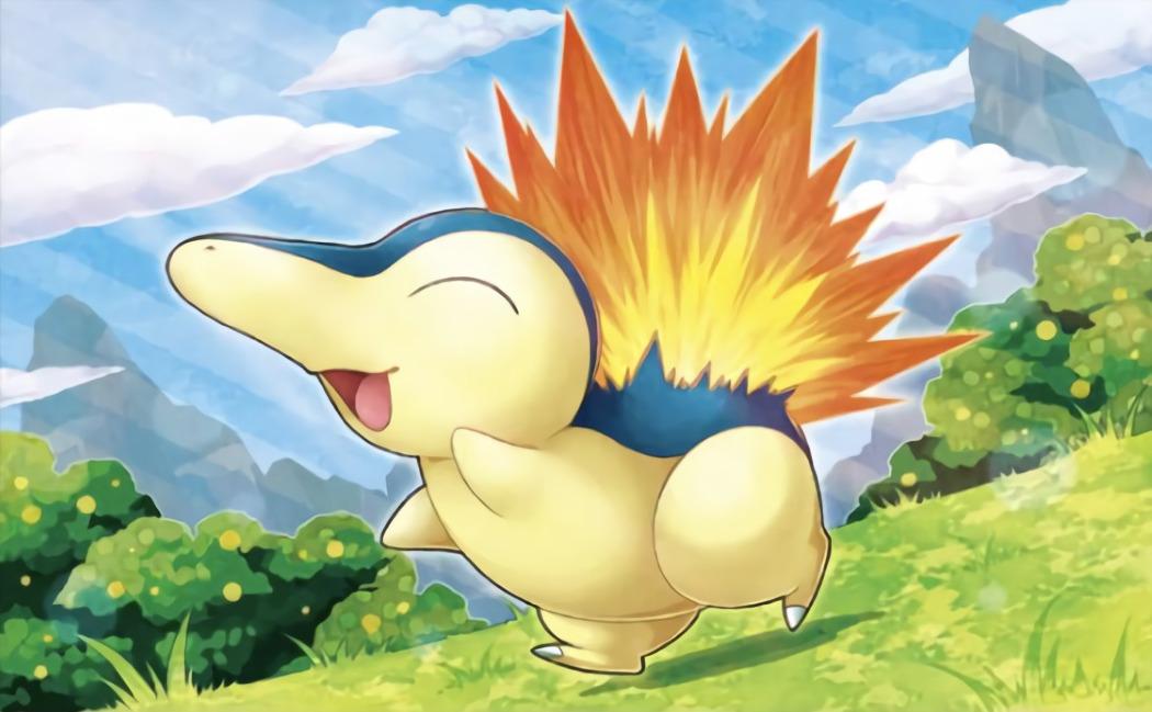 :d ^_^ blue_sky closed_eyes clouds cloudy_sky creature cyndaquil day dutch_angle grass happy kirisaki mountain no_humans open_mouth outdoors pokemon pokemon_(creature) running sky smile solo