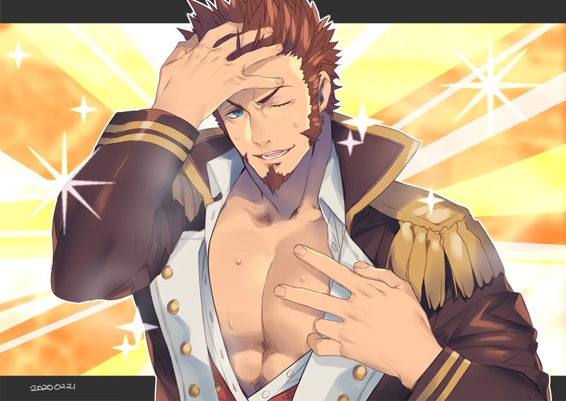 1boy abs bangs beard blue_eyes brown_hair chest double_v emotional_engine_-_full_drive epaulettes facial_hair fate/grand_order fate_(series) hands_up long_sleeves looking_at_viewer male_focus military military_uniform muscle napoleon_bonaparte_(fate/grand_order) open_clothes open_mouth parody pectorals simple_background smile solo sparkle star sumeragi_kohaku uniform v