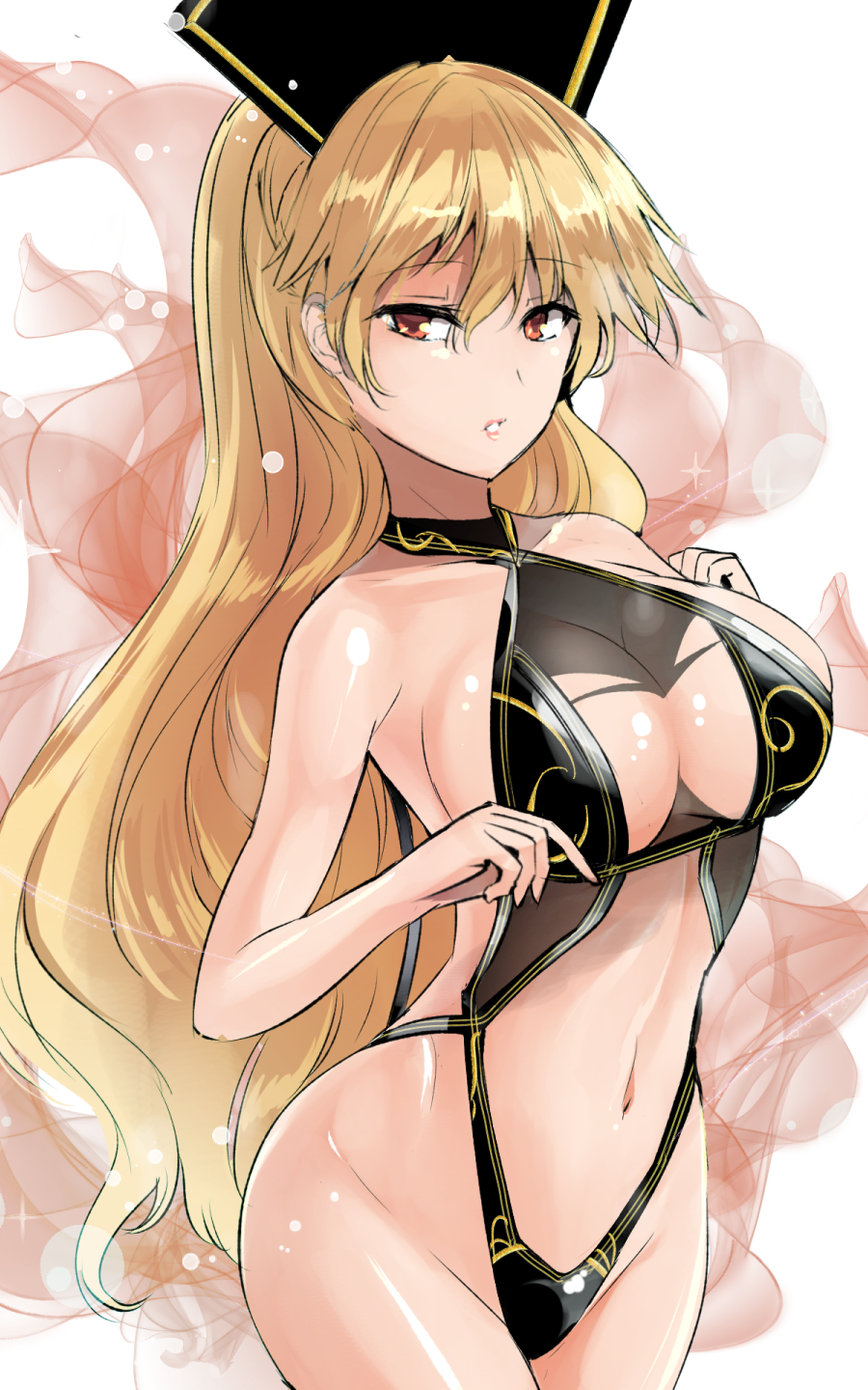 1girl aura bangs bare_arms bare_shoulders black_swimsuit blonde_hair breasts commentary_request cowboy_shot eyebrows_visible_through_hair groin hair_between_eyes headdress highres junko_(touhou) large_breasts long_hair looking_at_viewer navel one-piece_swimsuit parted_lips red_eyes simple_background solo stomach swimsuit touhou very_long_hair white_background y2