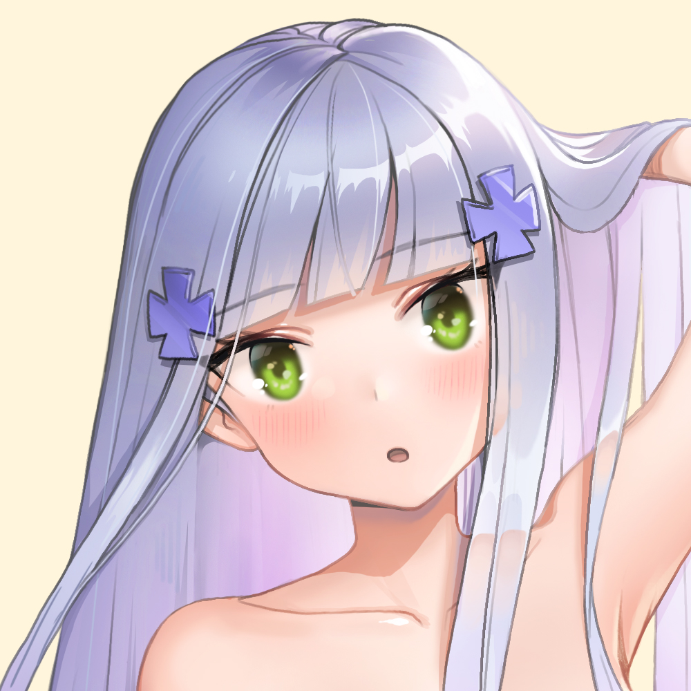1girl 33zuku assault_rifle bare_shoulders blush close-up commentary_request eyebrows_visible_through_hair girls_frontline green_eyes gun h&amp;k_hk416 hair_ornament hand_on_own_head head_tilt hk416_(girls_frontline) long_hair looking_at_viewer rifle shoulders silver_hair simple_background upper_body weapon yellow_background