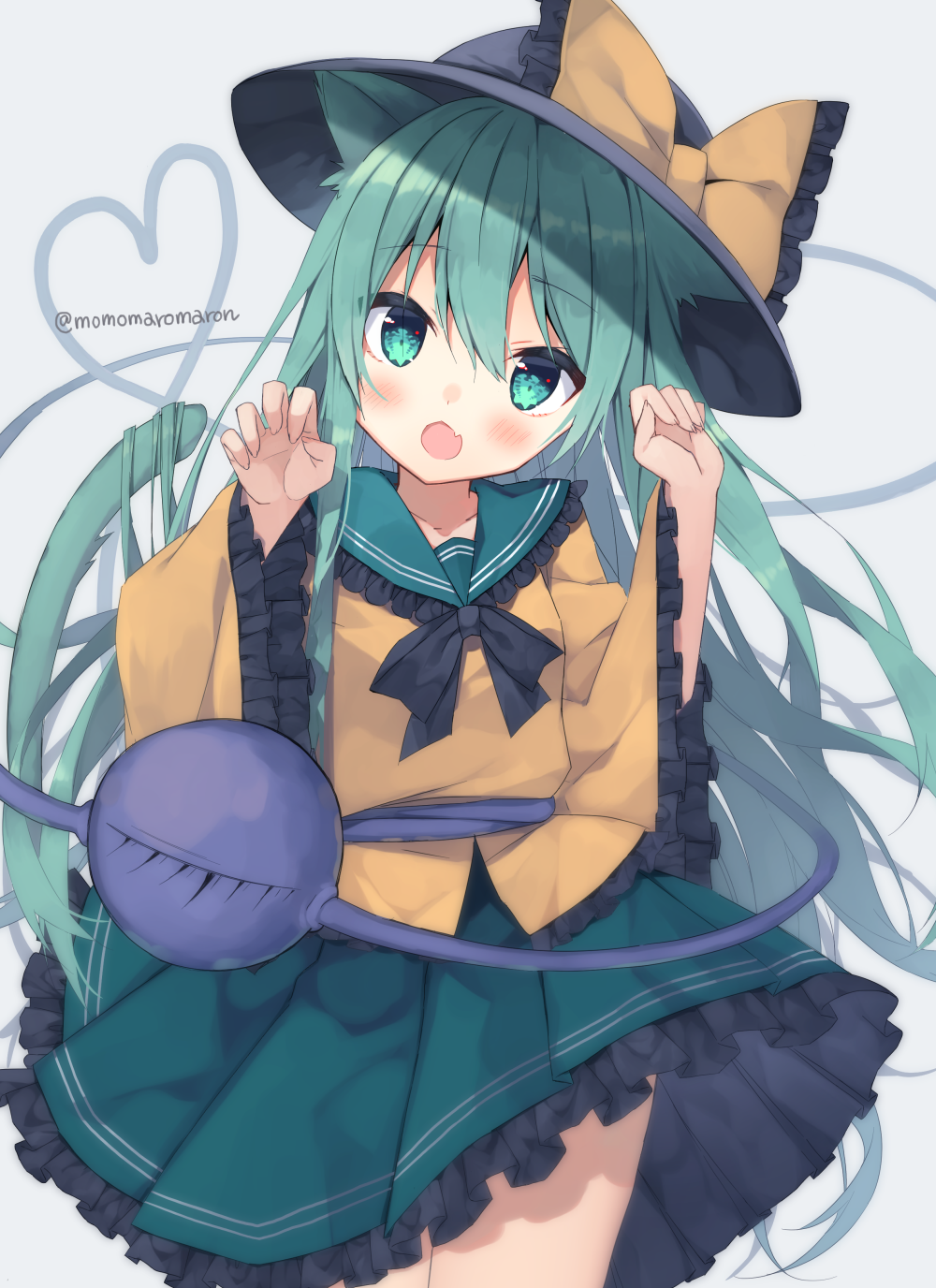 1girl alternate_hair_length alternate_hairstyle animal_ears black_headwear black_neckwear blush bow cat_ears cat_tail claw_pose commentary cowboy_shot fang frilled_shirt frills green_eyes green_hair green_skirt grey_background hands_up hat hat_bow heart heart_of_string highres komeiji_koishi long_hair long_sleeves looking_at_viewer momomaron open_mouth shirt skin_fang skirt solo tail third_eye touhou twitter_username very_long_hair wide_sleeves yellow_bow yellow_shirt