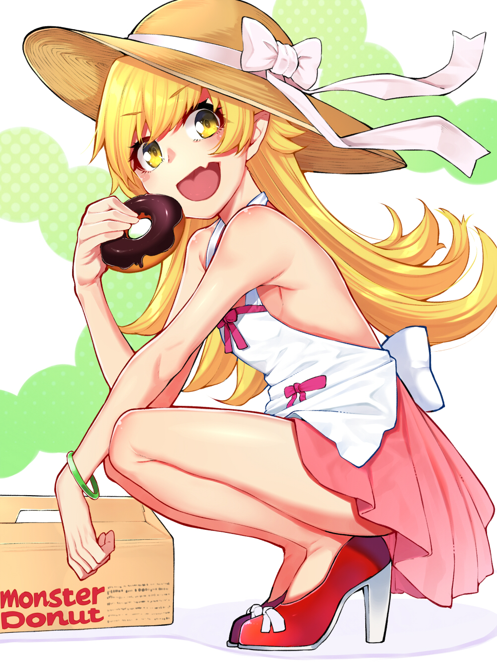 1girl :d bakemonogatari bangle bangs bare_arms bare_shoulders blonde_hair bow bracelet breasts brown_headwear commentary_request doughnut eyebrows_visible_through_hair fang food hat hat_bow high_heels highres holding holding_food jewelry long_hair looking_at_viewer mikan_(chipstar182) monogatari_(series) open_mouth oshino_shinobu pastry_box pink_skirt pleated_skirt red_footwear shoes skirt small_breasts smile solo squatting sun_hat very_long_hair white_bow white_camisole yellow_eyes