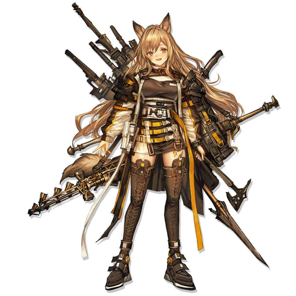 1girl animal_ears ankle_strap arknights axe baggy_clothes bangs boots breasts brown_dress brown_footwear ceobe_(arknights) dog_ears dog_tail dress hair_between_eyes holding holding_weapon jacket large_breasts light_brown_hair lm7_(op-center) long_hair looking_at_viewer multicolored multicolored_clothes multicolored_jacket multiple_straps multiple_swords multiple_weapons official_art open_clothes open_jacket red_eyes shoulder_pads sidelocks snap-fit_buckle solo staff tachi-e tail thigh-highs thigh_boots transparent_background very_long_hair weapon