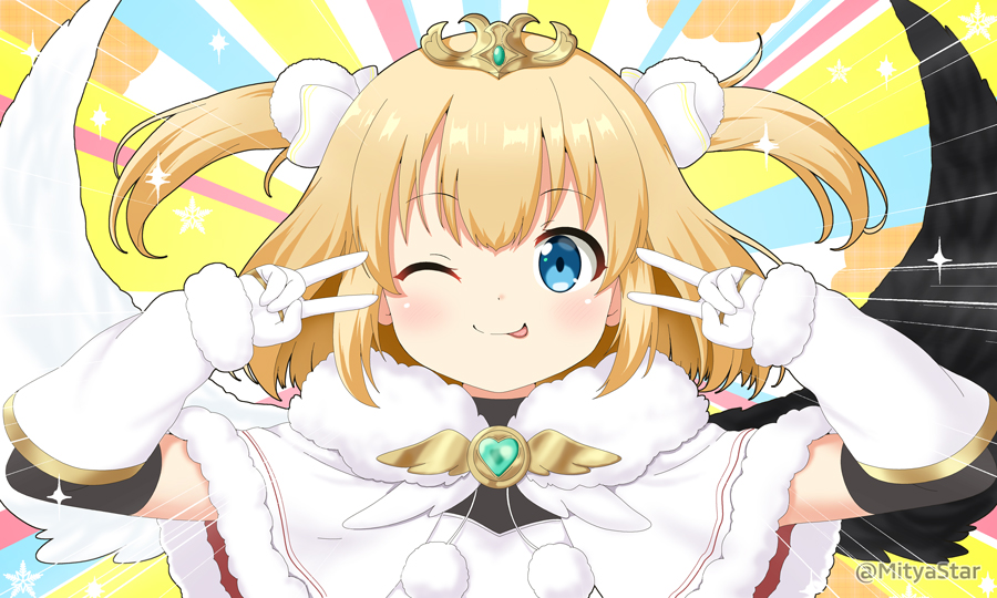 1girl ;p bangs black_sleeves black_wings blonde_hair blue_eyes blush capelet closed_mouth commentary_request detached_sleeves double_v emotional_engine_-_full_drive eyebrows_visible_through_hair fur-trimmed_capelet fur_trim gloves headpiece heart long_hair long_sleeves looking_at_viewer maaru_(shironeko_project) miicha mismatched_wings one_eye_closed pom_pom_(clothes) shironeko_project smile snowflakes solo sparkle tongue tongue_out twitter_username two_side_up upper_body v v_over_eye white_capelet white_gloves white_wings wings