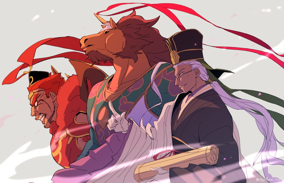 3boys asaya_minoru beard black_headwear brown_hair centaur chen_gong_(fate) clenched_teeth dark_skin dark_skinned_male facial_hair fate/extra fate/grand_order fate_(series) glasses gloves grey_background hat horse_head long_hair long_sleeves lu_bu_(fate) male_focus multiple_boys pointing profile purple_hair red_hare_(fate/grand_order) red_ribbon redhead ribbon teeth upper_body v-shaped_eyebrows very_long_hair white_gloves wide_sleeves