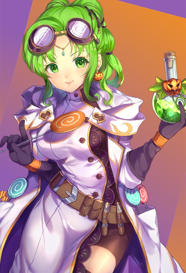 1girl belt black_gloves breasts candy closed_mouth coke-bottle_glasses eyewear_on_head fire_emblem fire_emblem:_the_sacred_stones fire_emblem_heroes flask food glasses gloves green_eyes green_hair halloween_costume holding holding_lollipop jurge l'arachel_(fire_emblem) large_breasts lollipop simple_background smile solo