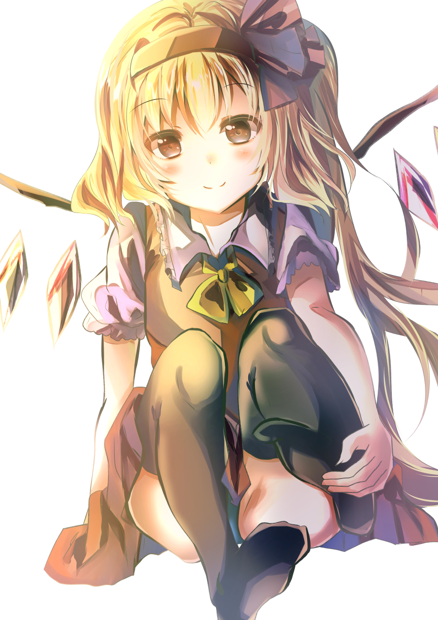 1girl artist_request bad_feet black_legwear blonde_hair blush collar crystal dress eyebrows_visible_through_hair flandre_scarlet full_body hair_ornament hairband highres holding_foot long_hair looking_at_viewer pantyhose red_dress red_eyes shirt sitting smile solo touhou white_background white_shirt wings yellow_neckwear
