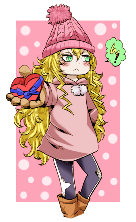 1girl :&lt; beanie blonde_hair blue_bow blue_ribbon blush border bow box closed_mouth commentary_request cropped_legs green_eyes hair_between_eyes hat heart-shaped_box hoodie_dress ikuramaru long_hair long_sleeves looking_away original outside_border outstretched_arm pink_background ribbon solo speech_bubble standing tsundere v-shaped_eyebrows very_long_hair