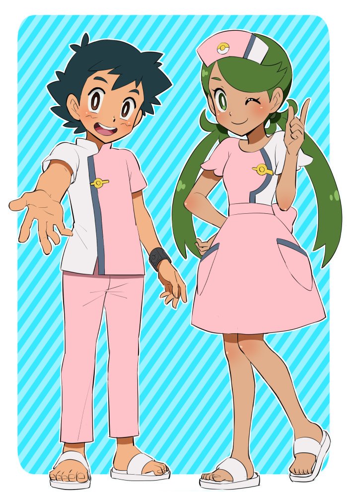 black_hair blue_background blush brown_pupils dark_skin djmn_c green_hair green_pubic_hair hand_on_hip hat mallow_(pokemon) matching_outfit nurse nurse_cap one_eye_closed open_mouth outstretched_hand pokemon pokemon_(anime) pokemon_sm_(anime) sandals satoshi_(pokemon) smile spiky_hair striped striped_background twintails upper_teeth white_footwear z-ring