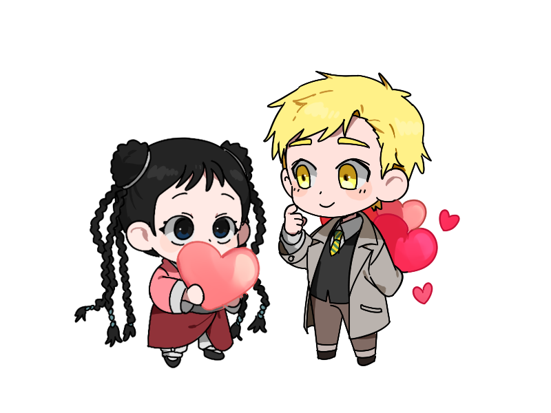 1boy 1d1ot 1girl alphonse_elric arm_behind_back black_eyes black_footwear black_hair blonde_hair blush blush_stickers braid brown_pants chibi chinese_clothes clenched_hands coat collared_shirt covered_mouth dot_nose double_bun dress_shirt finger_to_cheek finger_to_face full_body fullmetal_alchemist grey_coat hair_bobbles hair_ornament happy heart height_difference holding holding_heart legs_apart long_sleeves looking_at_another may_chang multiple_braids necktie open_clothes open_coat pants shaded_face shiny shiny_hair shirt smile standing striped striped_neckwear transparent_background waistcoat white_shirt wide_sleeves yellow_eyes