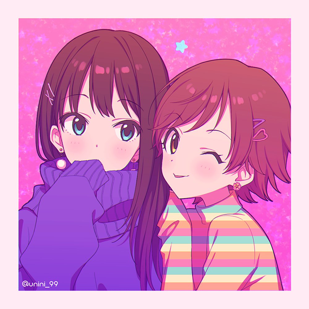2girls agata_(agatha) blue_eyes brown_hair commentary_request earrings hair_ornament hairclip honda_mio idolmaster idolmaster_cinderella_girls jewelry long_hair looking_at_another looking_at_viewer multiple_girls one_eye_closed shibuya_rin short_hair sleeves_past_fingers sleeves_past_wrists sweater tongue tongue_out turtleneck turtleneck_sweater upper_body yellow_eyes