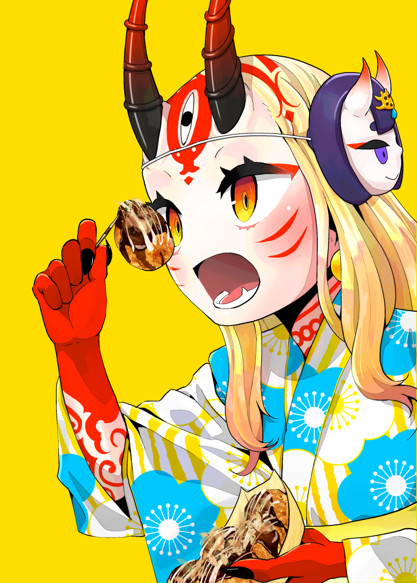 1girl 7meill alternate_costume black_nails blonde_hair character_mask claws commentary_request fangs fate/grand_order fate_(series) fingernails food gradient_hair horns ibaraki_douji_(fate/grand_order) japanese_clothes kimono lower_teeth mask mask_on_head multicolored_hair oni_horns open_mouth orange_eyes sharp_fingernails shuten_douji_(fate/grand_order) simple_background solo takoyaki tattoo teeth toothpick yellow_background yukata