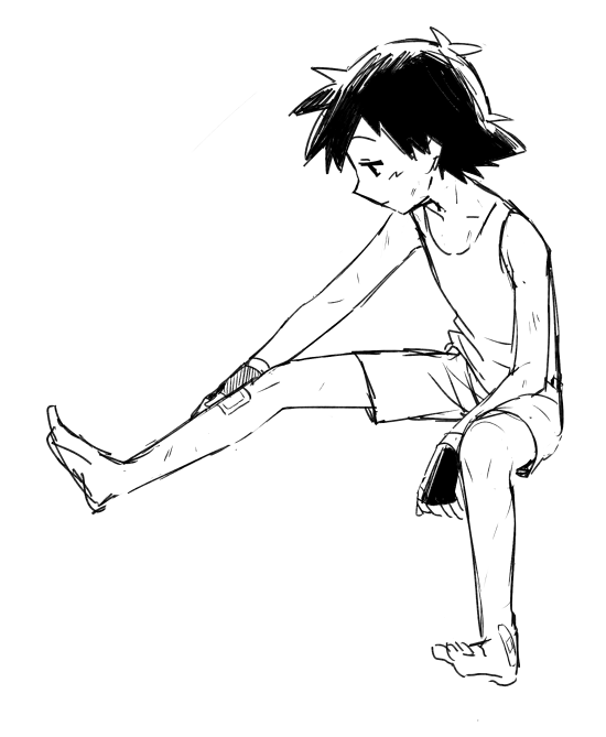 1boy bandaged_leg bandages bandaid black_hair bruise djmn_c holding_leg hurt injury lineart monochrome no_hat no_headwear pokemon pokemon_(anime) satoshi_(pokemon) shorts simple_background sleeveless solo spiky_hair white_background