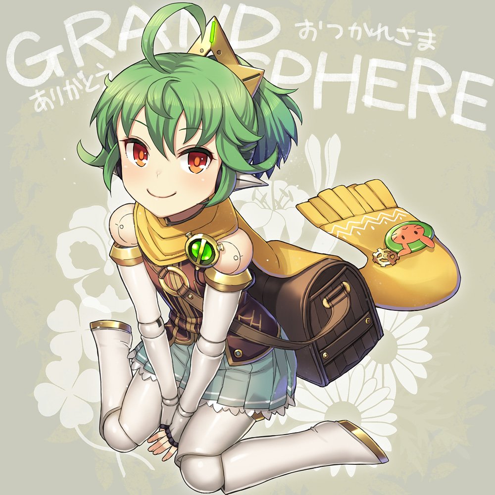 1girl ahoge android badge bag between_legs blue_skirt brown_bag brown_vest button_badge closed_mouth comette commentary_request copyright_name doll_joints fingerless_gloves floral_background gears gloves grand_sphere green_hair grey_background hair_between_eyes hair_ornament hand_between_legs itou_(onsoku_tassha) looking_at_viewer o-ring orange_eyes pin pleated_skirt pointy_ears ponytail robot_ears scarf shoulder_bag sitting skirt smile solo vest wariza yellow_scarf