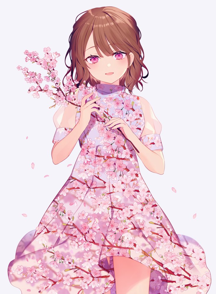 1girl achiki branch brown_hair cherry_blossoms dress flower open_mouth original petals pink_eyes smile solo