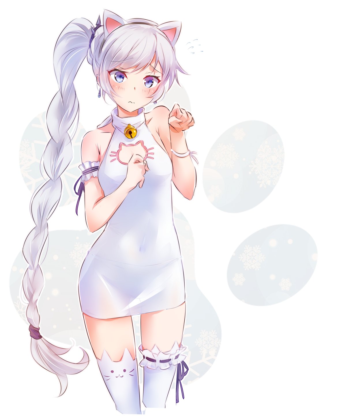 1girl bare_shoulders blue_eyes cat_cutout covered_navel dress highres iesupa long_hair panties paw_pose ponytail rwby scar scar_across_eye side_ponytail solo thigh-highs translucent underwear weiss_schnee white_dress white_hair