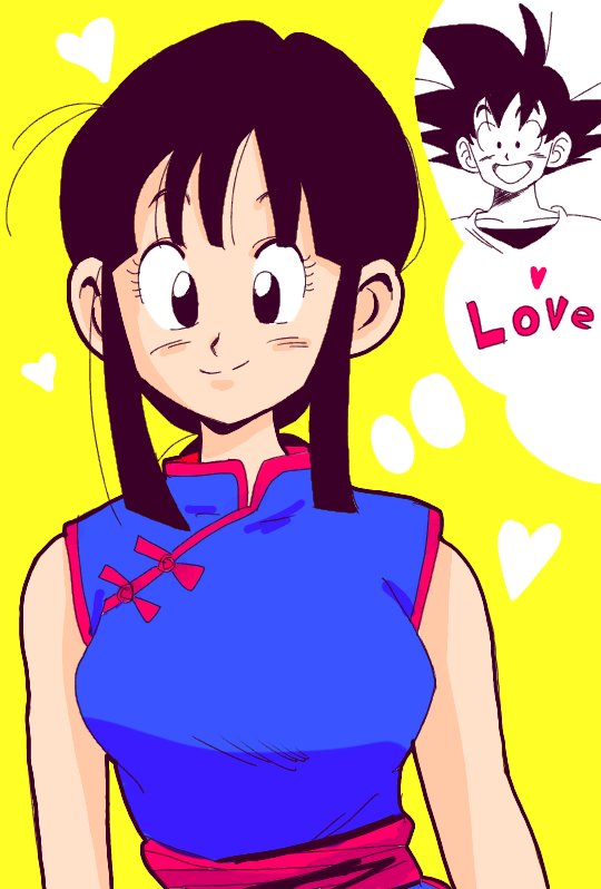 1boy 1girl :d arms_at_sides bangs bare_arms bare_shoulders black_eyes black_hair blue_dress blunt_bangs breasts chi-chi_(dragon_ball) china_dress chinese_clothes closed_mouth commentary dragon_ball dragon_ball_(classic) dress english_text eyelashes happy heart high_collar looking_at_viewer medium_breasts open_mouth sidelocks simple_background sleeveless sleeveless_dress smile son_gokuu sora_(happygreencandy) spiky_hair symbol_commentary thought_bubble upper_body yellow_background