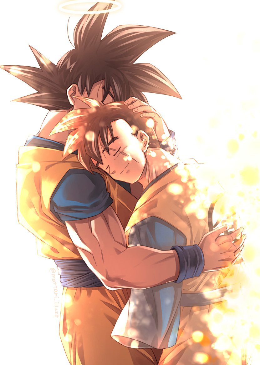 2boys amputee backlighting black_hair blurry bokeh closed_eyes closed_mouth clothes_writing commentary_request depth_of_field dougi dragon_ball dragon_ball_z expressionless father_and_son fingernails halo hand_on_another's_back hand_on_another's_head happy hug light_particles light_smile male_focus mattari_illust multiple_boys profile scar scar_across_eye shaded_face son_gohan_(future) son_gokuu spiky_hair twitter_username wristband