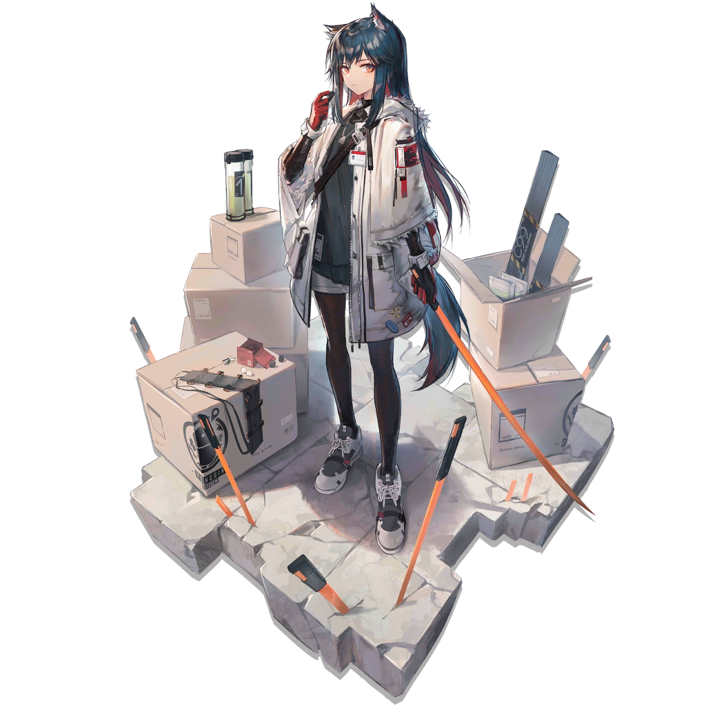 1girl alternate_costume animal_ear_fluff animal_ears arknights bangs black_hair black_legwear black_shirt box brown_eyes cardboard_box full_body gloves hand_up holding holding_sword holding_weapon huanxiang_heitu id_card jacket left-handed long_hair long_sleeves looking_at_viewer official_art open_clothes open_jacket pantyhose planted_sword planted_weapon red_gloves shadow shirt shoes short_shorts shorts sneakers solo standing sword texas_(arknights) transparent_background weapon white_footwear white_jacket white_shorts wide_sleeves wolf_ears
