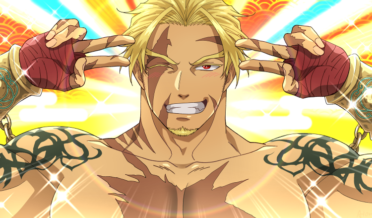 1boy aion_kiu bangs beard beowulf_(fate/grand_order) blonde_hair chest double_v emotional_engine_-_full_drive facial_hair fate/grand_order fate_(series) gloves hands_up long_sleeves looking_at_viewer male_focus muscle open_mouth parody red_eyes scar shirtless smile solo sparkle star tattoo v