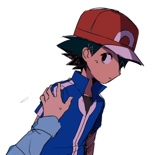 2boys baseball_cap black_hair black_undershirt blue_jacket blue_jumpsuit citron_(pokemon) djmn_c hand_on_another's_shoulder hat jacket looking_at_another multiple_boys pokemon pokemon_(anime) pokemon_xy_(anime) red_headwear satoshi_(pokemon) simple_background solo_focus spiky_hair white_background