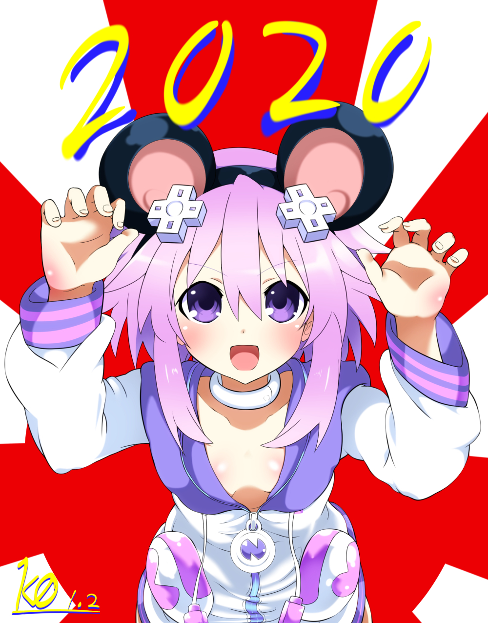 1girl 2020 animal_ears chinese_new_year chinese_zodiac choker d-pad d-pad_hair_ornament hair_between_eyes hair_ornament highres hood hooded_jacket jacket kurozero looking_at_viewer neptune_(neptune_series) neptune_(series) purple_hair rat_ears short_hair solo tongue tongue_out usb violet_eyes white_choker year_of_the_rat