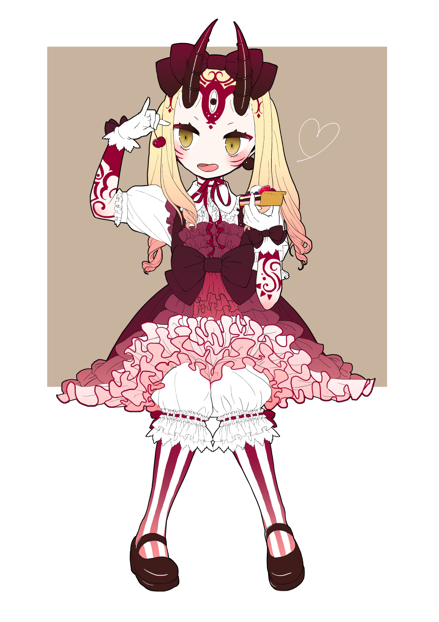 1girl 7meill alternate_costume alternate_hairstyle black_footwear blonde_hair bloomers bow center_frills cherry commentary_request dress eating fate/grand_order fate_(series) food fruit full_body gloves gothic_lolita gradient_hair hair_bow highres horns ibaraki_douji_(fate/grand_order) licking_lips lolita_fashion mary_janes multicolored_hair oni_horns open_mouth pastry petticoat puffy_short_sleeves puffy_sleeves red_bow red_dress shoes short_sleeves sitting solo striped striped_legwear tart_(food) tattoo tongue tongue_out twintails underwear white_gloves yellow_eyes