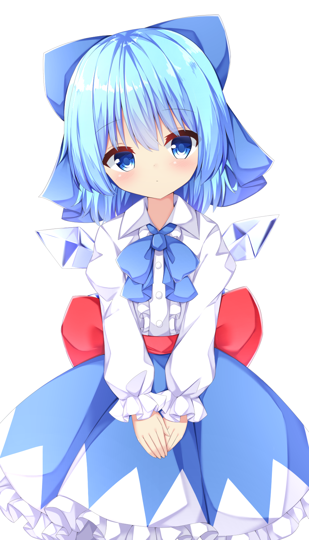 1girl adapted_costume blue_eyes blue_hair blue_neckwear blue_skirt blush bow bowtie cirno cowboy_shot expressionless eyebrows_visible_through_hair frilled_sleeves frills hair_between_eyes hair_bow hands_together head_tilt highres juliet_sleeves kuraaken long_sleeves looking_at_viewer petticoat puffy_sleeves sash shirt short_hair simple_background skirt solo standing touhou v_arms white_background white_shirt wings