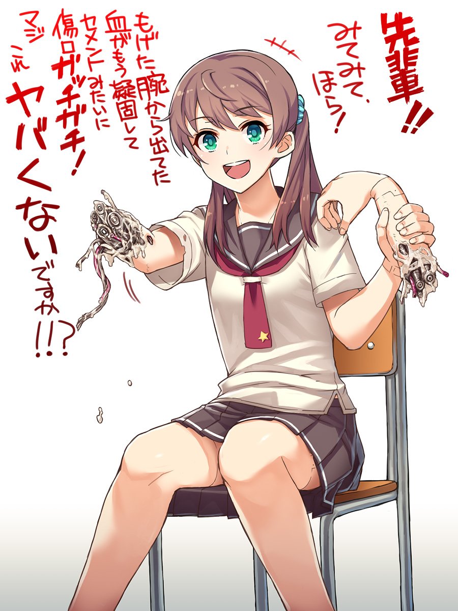 1girl :d ahoge android blue_scrunchie broken_arm brown_hair cable chair convenient_leg detached_arm eyebrows_visible_through_hair feet_out_of_frame fingernails gradient gradient_background green_eyes grey_background grey_sailor_collar grey_skirt hair_ornament hair_scrunchie head_tilt highres holding_arm itou_(onsoku_tassha) looking_at_viewer necktie open_mouth original parts_exposed pleated_skirt red_neckwear robot_joints round_teeth sailor_collar school_chair school_uniform scrunchie serafuku shirt short_sleeves sitting skirt smile solo teeth twintails upper_teeth white_background white_shirt