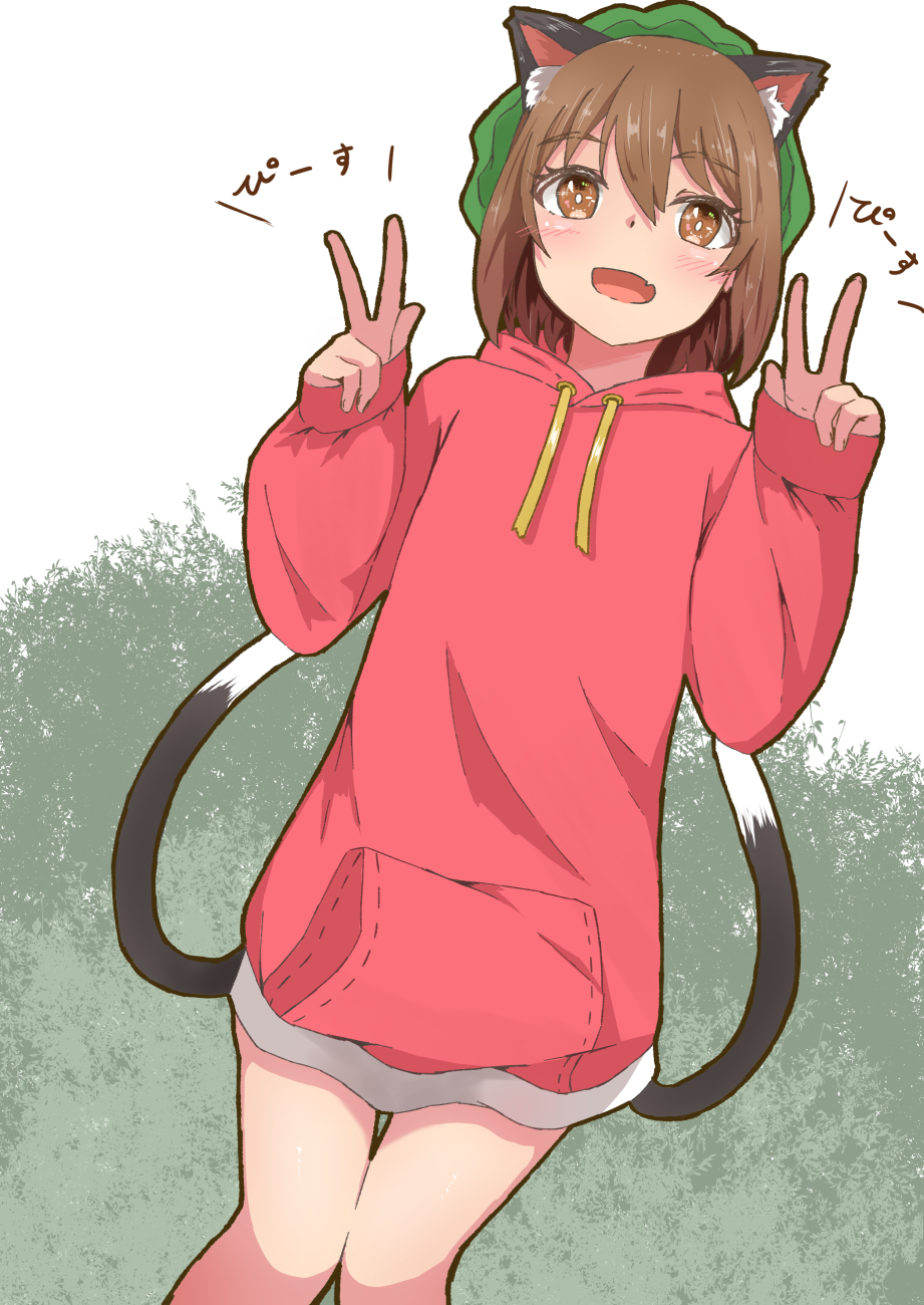 1girl alternate_costume animal_ear_fluff animal_ears arms_up blush bright_pupils brown_eyes brown_hair cat_ears cat_tail chen cowboy_shot double_v dutch_angle eyebrows_visible_through_hair fang green_headwear hair_between_eyes hat hedge_(plant) highres hood hood_down hoodie knees_together looking_at_viewer miniskirt mizune_(winter) mob_cap multiple_tails open_mouth short_hair skin_fang skirt sleeves_past_wrists solo tail touhou v white_background white_pupils white_skirt