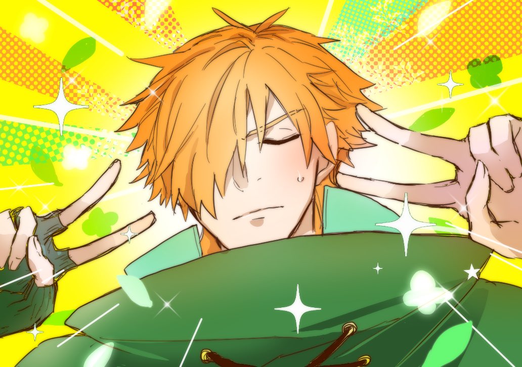 1boy bangs blonde_hair cape cloak closed_eyes double_v emotional_engine_-_full_drive fate/extra fate/grand_order fate_(series) hands_up long_hair long_sleeves male_focus open_mouth orange_hair parody robin_hood_(fate) san_zashi sparkle star v