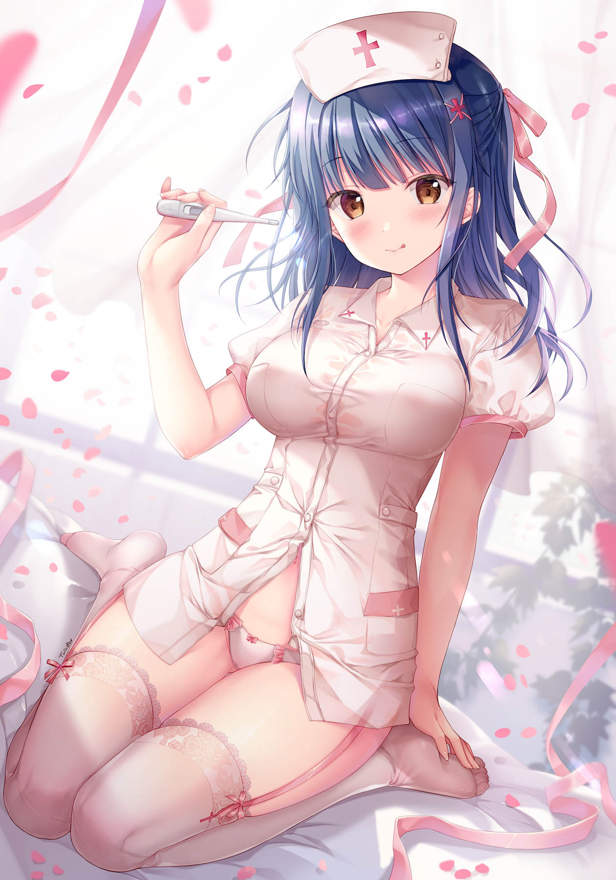 1girl :q blue_hair breasts brown_eyes buttons collared_shirt commentary_request dress_shirt garter_straps hair_ornament hair_ribbon half_updo hand_up hat highres holding large_breasts long_hair looking_at_viewer nanami_yuuno no_pants no_shoes nurse nurse_cap original panties partially_unbuttoned petals revision ribbon shirt short_sleeves sitting smile solo sousouman thermometer thigh-highs tongue tongue_out underwear wariza white_legwear white_panties white_shirt