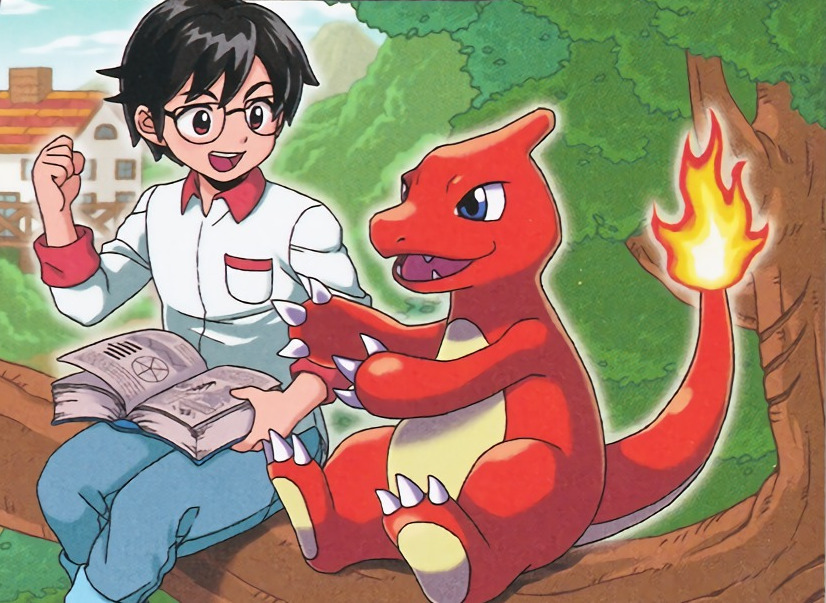1boy :d black_hair blue_eyes book brown_eyes charmander_trainer_(pokekyun) charmeleon chimney claws creature denim eye_contact fangs fiery_tail fire flame gen_1_pokemon happy holding holding_book horn house jeans komayama_akira looking_at_another male_focus official_art open_book open_mouth pants pocket pokemon pokemon_(creature) pokemon_trading_card_game sitting smile tail tree window