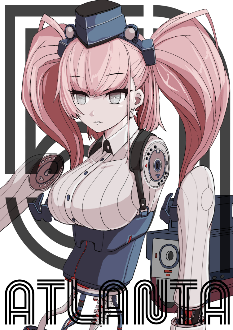 +_+ 1girl anchor_hair_ornament android atlanta_(kantai_collection) bangs black_eyes black_headwear boushi-ya breasts brown_hair character_name earrings eyebrows_visible_through_hair garrison_cap hair_ornament hat headgear jewelry kantai_collection long_hair parts_exposed robot_joints simple_background single_earring solo star star_earrings twintails