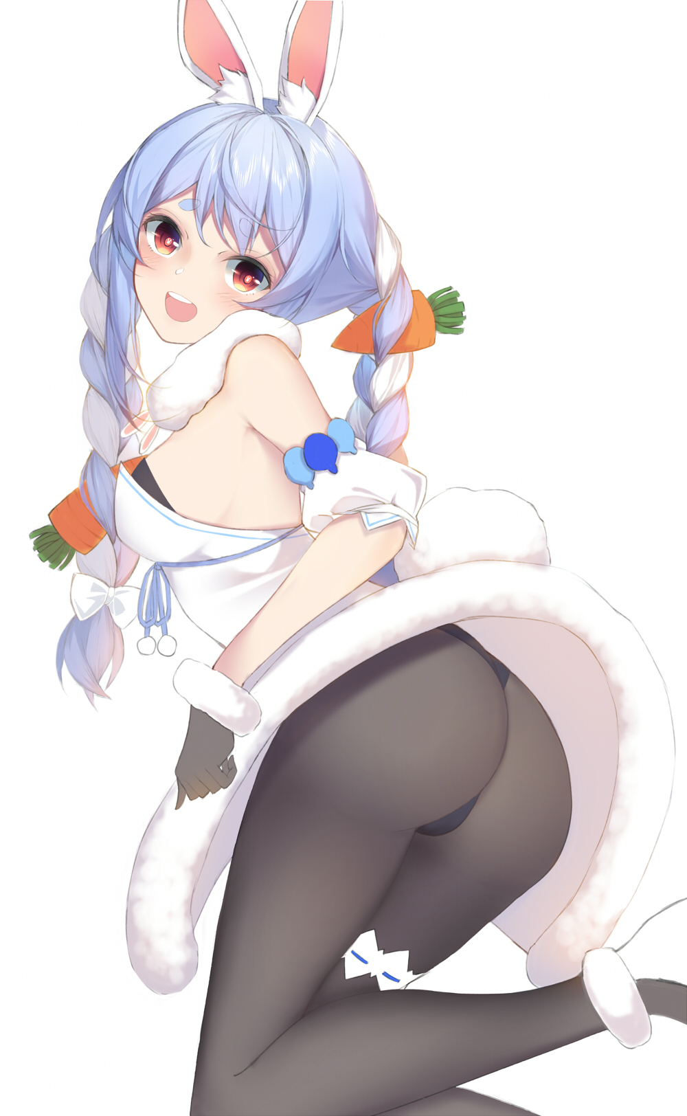 1girl :d animal_ears ass black_gloves black_legwear blue_hair braid breasts carrot commentary eyebrows_visible_through_hair farcher gloves highres hololive leg_garter legs_up long_hair medium_breasts multicolored_hair open_mouth pantyhose rabbit_ears ribbon_trim smile solo symbol_commentary thick_eyebrows twin_braids two-tone_hair usada_pekora virtual_youtuber white_background white_hair