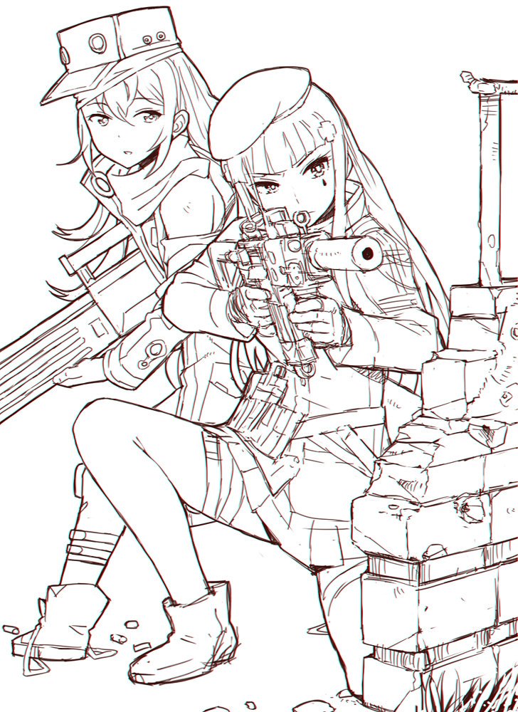 2girls aiming bangs beret blunt_bangs boots character_request closed_mouth facial_mark girls_frontline gloves grass greyscale gun hair_between_eyes hair_ornament hat head_tilt hk416_(girls_frontline) holding holding_gun holding_weapon itou_(onsoku_tassha) jacket leg_strap long_hair long_sleeves monochrome multiple_girls one_knee parted_lips pleated_skirt scarf scope simple_background skirt wall weapon white_background