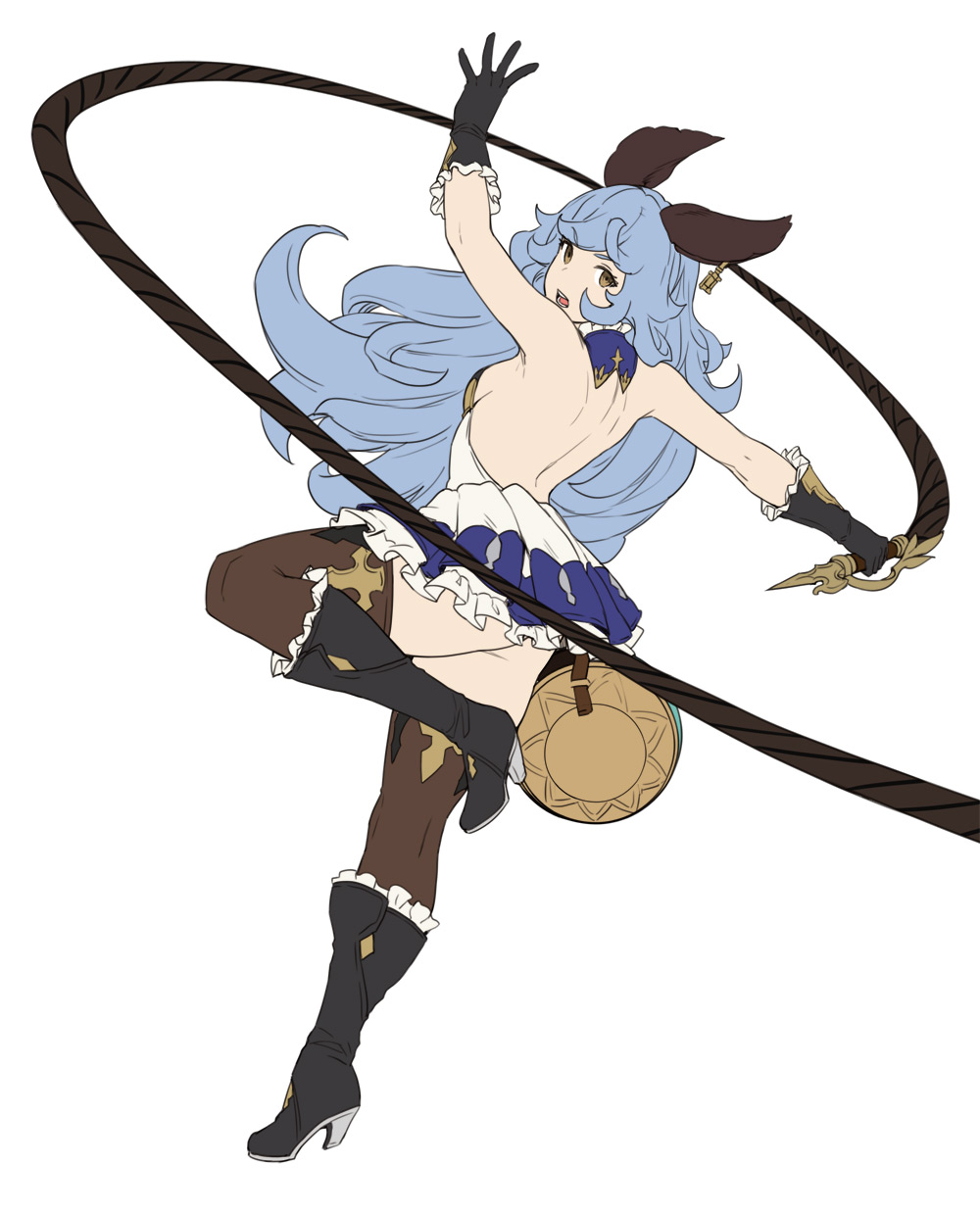 1girl animal_ears arm_up backless_outfit bare_back black_footwear black_gloves blue_hair boots breasts brown_eyes brown_legwear erune ferry_(granblue_fantasy) full_body gloves granblue_fantasy highres holding holding_whip houtengeki long_hair looking_at_viewer medium_breasts open_mouth sideboob simple_background solo thigh-highs whip white_background